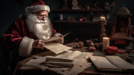 Santa Claus reading letters realistic isolated background. Al generated illustrationの素材