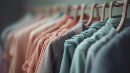 Row of colorful clothes on hangers in pastel colors. Al generated illustrationの素材
