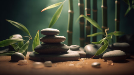 Spa still life with stacked of stone and bamboo leaf. AI generated illustrationの素材
