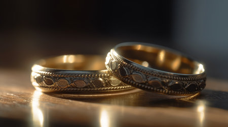 Elegant wedding rings are made of gold. close-up, macro. dark background. Al generated illustration.の素材