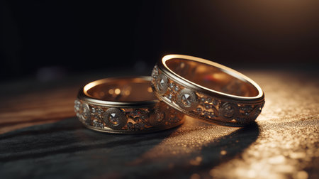 Elegant wedding rings are made of gold. close-up, macro. dark background. Al generated illustration.の素材