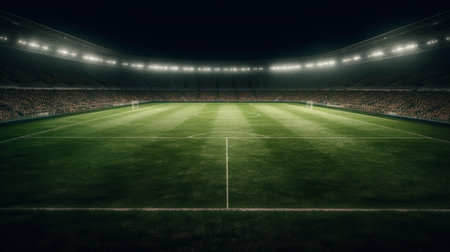 Universal grass stadium illuminated by spotlights. Al generated illustrationの素材