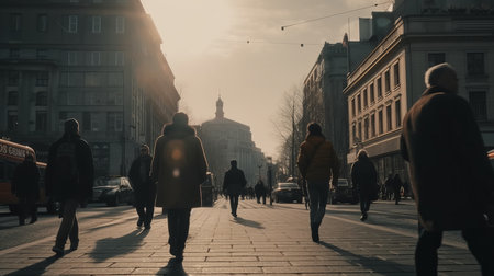 Crowd of people walking street realistic isolated, blurred background. Al generated illustrationの素材