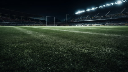 Universal grass stadium illuminated by spotlights. Al generated illustrationの素材