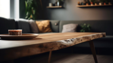 Wood tabletop blurred modern cozy living room. Al generated illustrationの素材