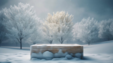 Winter snow on table and pedestal of free space for your decoration. Landscape of mountains and winter time. AI generated illustrationの素材