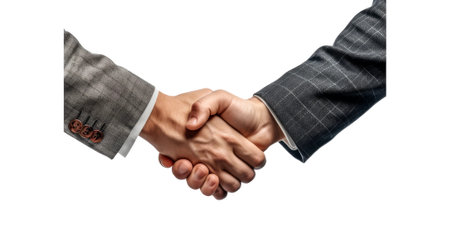 Businessman hands shake partnership success. Transparent isolated background. AI generatedの素材