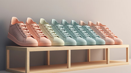 Assortment of women's sneakers in a shop window. Al generated illustrationの素材