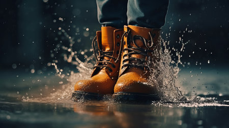 Stylish men's shoes close-up in a puddle, shoe advertising concept. Al generated illustrationの素材