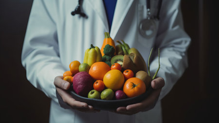 Doctor Nutritionist with Fruit in her hands. Al generated illustration.の素材