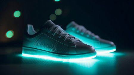Fashion white sneakers in neon light. Sport shoes for training in the gym. Creative minimalism. Al generated illustrationの素材