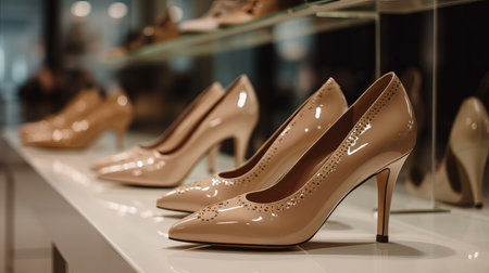 Assortment of shoes on a shop window. Al generated illustrationの素材