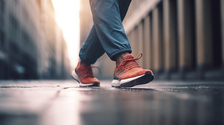 Close-up of sneakers on the street at sunset. Al generated illustrationの素材