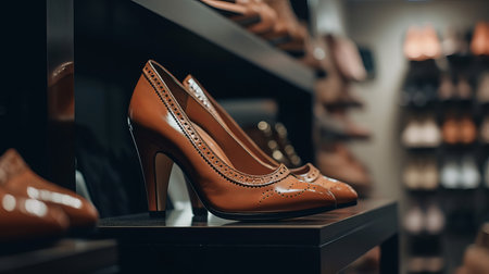 Assortment of shoes on a shop window. Al generated illustrationの素材