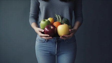 The girl holds fruits and vegetables in her hands. Healthy food concept. Al generated illustration.の素材
