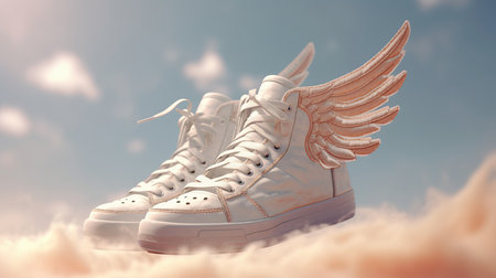 Stylish white flying sneakers, advertising concept. Al generated illustrationの素材