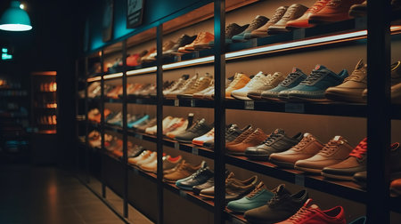 Assortment of men's running shoes in a shop window. Al generated illustrationの素材