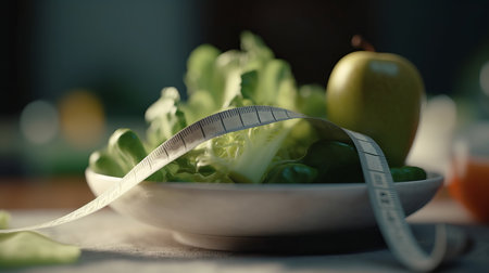 Apple and meter on dark background, weight loss concept. Al generated illustrationの素材