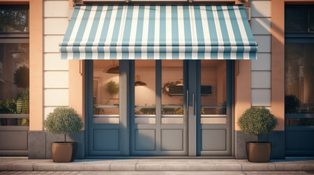 Illustration morning scene of cafe with striped. Al generated illustrationの素材