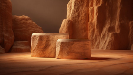 Podium stone display on brown background beige. Al generated illustrationの素材