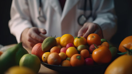 Doctor Nutritionist with Fruit in her hands. Al generated illustration.の素材