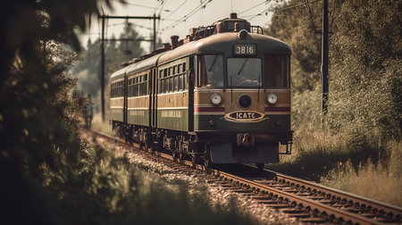 A retro train is traversing an area covered in during. Al generated illustrationの素材