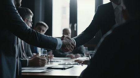 Business people shaking hands finishing up meeting. Al generated illustrationの素材