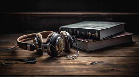 Books and headphones on a wooden table realistic photorealistic. Al generated illustrationの素材