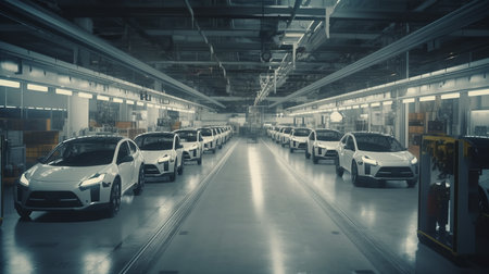 Modern futuristic robotic car factory plant. AI generated illustrationの素材