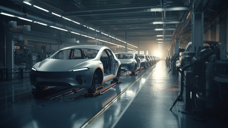 Modern futuristic robotic car factory plant. AI generated illustrationの素材