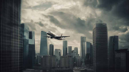 Shot of airplane flying above glass office buildings. Fisheye lens effect. AI generated illustrationの素材