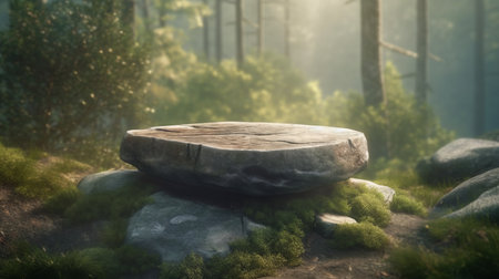 Flat small stone podium on rock platform. Product presentation mockup, mountains landscape. AI generated illustrationの素材
