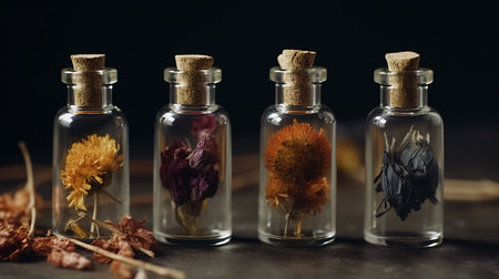 Dry flower and herbarium in small flasks flower. Al generated illustrationの素材
