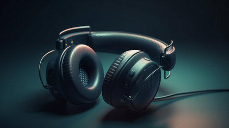 Cool contemporary and trendy headphones isolated on dark background. Al generated illustrationの素材