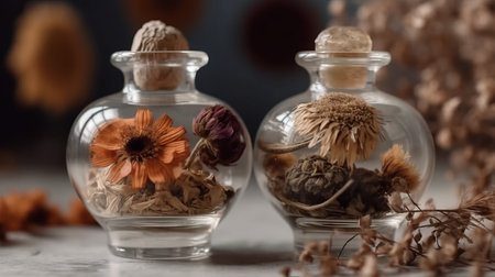 Dry flower and herbarium in small flasks flower. Al generated illustrationの素材