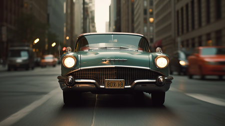 Classic car driving down busy street in modern city. Al generated illustrationの素材