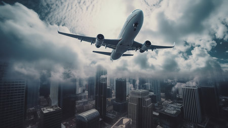 Shot of airplane flying above glass office buildings. Fisheye lens effect. AI generated illustrationの素材