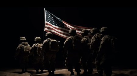Conceptual US Flag with American soldiers silhouette. Al generated illustrationの素材
