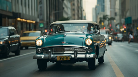 Classic car driving down busy street in modern city. Al generated illustrationの素材