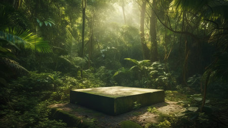 A stone podium for product presentation in a lush green jungle forest environment. Mock-up. AI generated illustrationの素材