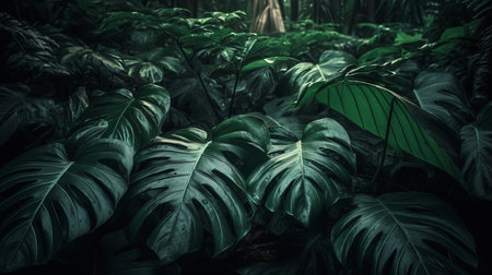 Green tropical leaves background. Natural theme backdrop. AI generated illustrationの素材