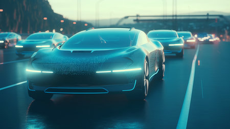 Futuristic car vehicles on highway with full self driving. AI generated illustrationの素材