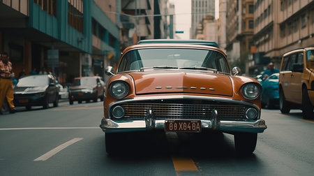 Classic car driving down busy street in modern city. Al generated illustrationの素材