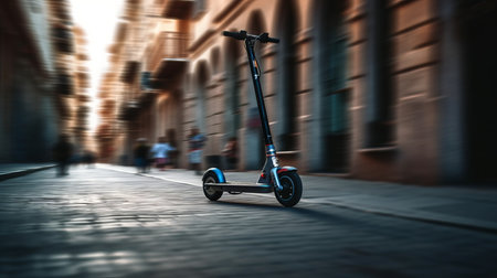 E-bikes, scooters safety. Riding e-scooter in urban environment close up. AI generated illustrationの素材