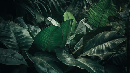 Green tropical leaves background. Natural theme backdrop. AI generated illustrationの素材