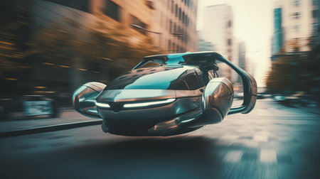Fast moving in city futuristic flying car blurred motion. AI generated illustrationの素材