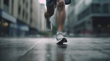 Close-up of sneakers on the street at sunset. Al generated illustrationの素材