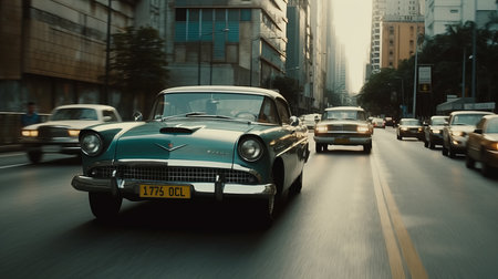 Classic car driving down busy street in modern city. Al generated illustrationの素材