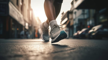 Close-up of sneakers on the street at sunset. Al generated illustrationの素材