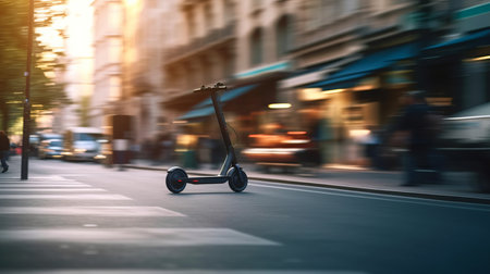 E-bikes, scooters safety. Riding e-scooter in urban environment close up. AI generated illustrationの素材